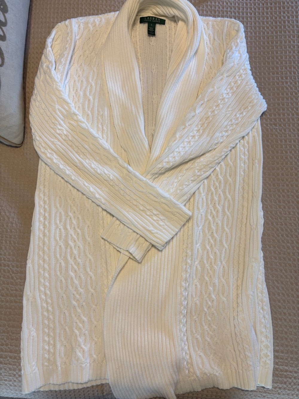 Lauren Ralph Lauren Cream Cable Knit Shawl-Collar Cardigan